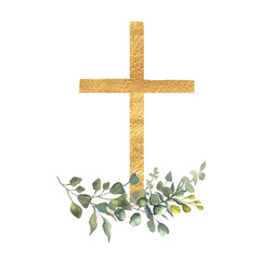Watercolor Easter Golden Cross Clipart