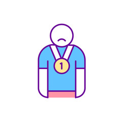 Unsatisfied person RGB color icon. Sad competition winner. Person disappointed with triumph. Psychological problem. Impostor syndrome. Isolated vector illustration. Simple filled line drawing