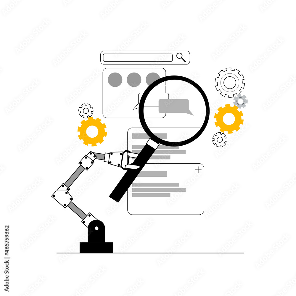Wall mural a robotic arm with a magnifying glass searches for bugs in a mobile application. vector illustration