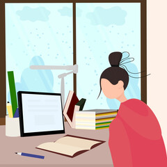 young girl is studying online at home using a tablet, sitting at a table opposite the window,winter weather, it's snowing. Home education. Vector illustration of a cartoon in a flat style