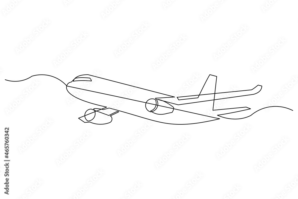 Wall mural Continuous line drawing of flying airplane. Single one line art of jet plane aero modeling remote control. Vector illustration 