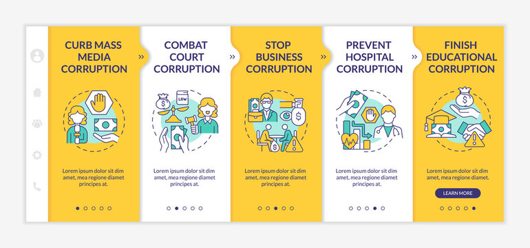Corruption onboarding vector template. Responsive mobile website with icons. Web page walkthrough 5 step screens. Systemic violation. Bribed money color concept with linear illustrations