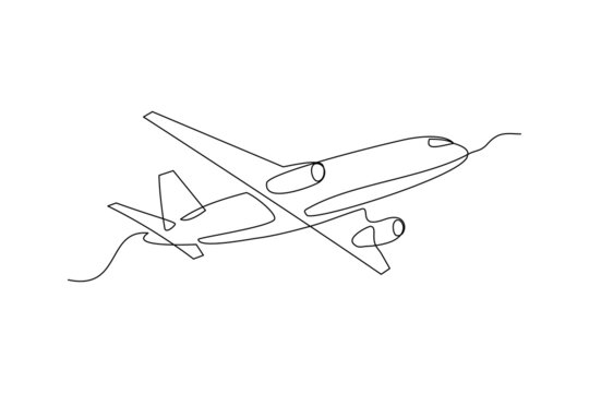 Continuous line drawing of flying airplane. Single one line art of jet plane aero modeling remote control. Vector illustration 