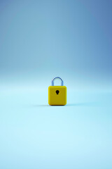 3D realistic lonely lock object from the door on an isolated blue background. Golden door lock on a blue background. The keyhole. 3D graphics