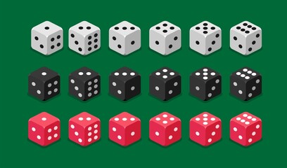 A set of white, black, red dice on a green background. Vector stock isometric 3d illustration.