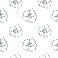 Vector seamless pattern with Floral botanicals hand drawn gray line. Flowers repeating print with plants in doodle style.Design for textiles,packaging,social media,wrapping paper,scrapbook paper. 