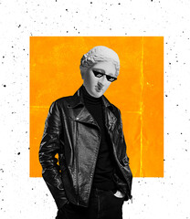 Contemporary art collage of man with antique statue head in pixel glasses isolated over orange white background - obrazy, fototapety, plakaty