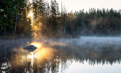Autumn swedish lake and morning sunlight - 465762583