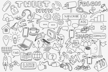 Fototapeta na wymiar Vector line art Doodle cartoon set of objects and symbols on the Social Media theme