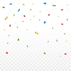 Confetti vector illustration for festival background. Simple tin foil confetti falling background. Simple red, green, golden, blue confetti on transparent background. Celebration event and party.