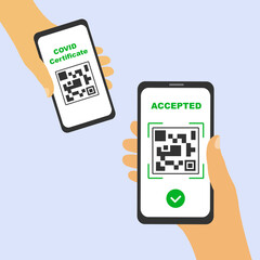 Scanning QR code on a smartphone screen of a covid certificate. On the second display, the green check mark icon, accepted