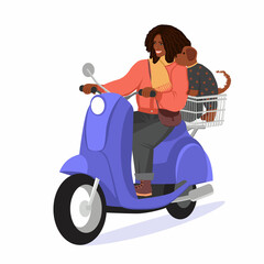 Fototapeta na wymiar Smiling dark-skinned woman rides a scooter. A small dog is sitting in the basket. Girl is driving a moped. The concept of active lifestyle. Vector illustration in a flat style