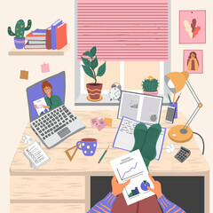 Desk of student. Feet in socks are on the table. Hands hold a paper. Woman on laptop. Open textbook, notebook with notes, lamp on the table. Online education, distance learning. Vector illustration