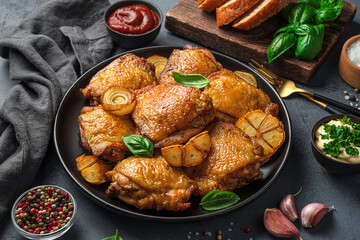 Delicious, fried chicken thighs with spices and sauces on a wooden background.