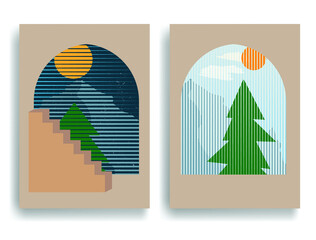 Modern poster with minimalist design elements . Window and arch in Boho style  . Wall art , home deco . Vector abstract shape.. Modern art design .