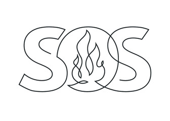 Continuous line drawing of SOS text with the flame in the middle. Vector SOS lettering on white background. SOS distress signal. Vector illustration.