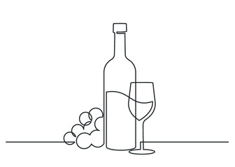 Continuous one line drawing of wine bottle with wineglass and grape bunch. Vector illustration.