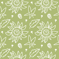 Vector seamless pattern with autumn flowers white line on sage green hand painted background.Fall,floral,botanical print in doodle style.Design for textiles,fabric,wrapping paper,packaging,wallpaper.