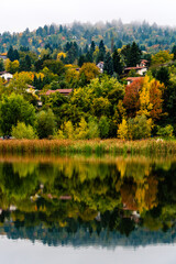 A landscape of Pancharevo lake on a rainy autumn day