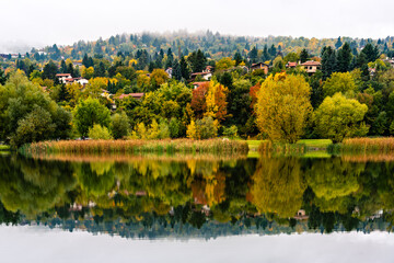 A landscape of Pancharevo lake on a rainy autumn day