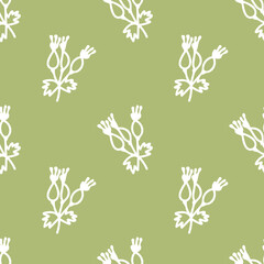 Vector seamless pattern with autumn flowers white line on sage green hand painted background.Fall,floral,botanical print in doodle style.Design for textiles,fabric,wrapping paper,packaging,wallpaper.