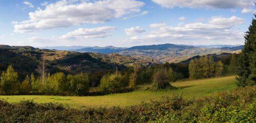 Panoramic mountain landscape of Serbia seen from the hill Kadinjača between Užice and Bajina Bašta