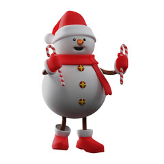 3D Snowman Cartoon Design having two Christmas candies