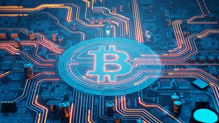 Bitcoin mining. Bitcoin symbol on a motherboard. Virtual cryptocurrency concept