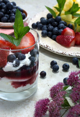 Fruit salad and natural greek yogurt with fresh berries. Healthy eating concept 