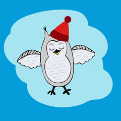 Hand Drawn Vector Illustration of Polar Owl in Knitwear and Big Glasses on Winter Background