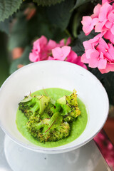 Roasted broccoli with pea puree