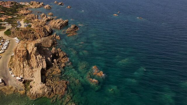 Stunning drone shot of a coastline, La Sorgente Beach, Sardinia, taken on summer day 2021 in Italy