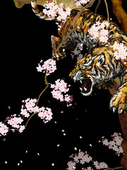 Cool oriental background of tigers and cherry blossoms at night