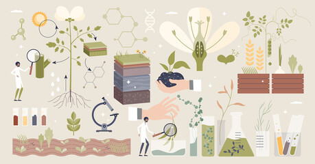 Plant biology with scientific organic research tiny person collection set. Elements with nature sprouts, crops, flowers and seeds GMO modification or laboratory structure research vector illustration. - obrazy, fototapety, plakaty