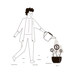 Doodle businessman watering money tree. Male employee investing and saving cash. Money deposit. Concept of investment, finance management and banking