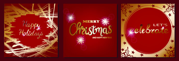 Naklejka premium Set of christmas greeting card with hand lettering. Merry Christmas holiday invitations templates. Vector illustration.