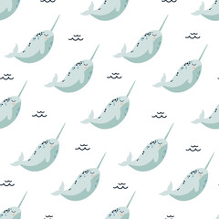 Cute pattern with sea narwhals. Arctic Ocean animals in seamless ornament