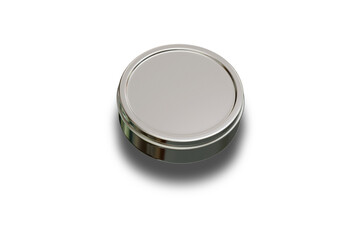 Empty blank metal round container isolated on white background. Silver metal container for cosmetics isolated on white. tin cosmetic jar Mock up, 3d rendering.