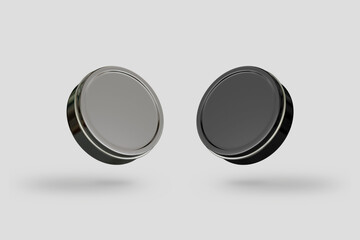 Empty blank metal round container isolated on white background. Silver metal container for cosmetics isolated on white. tin cosmetic jar Mock up, 3d rendering.