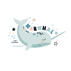 Cute Narwhal on a white isolated background. Scandinavian style design. Vector illustration