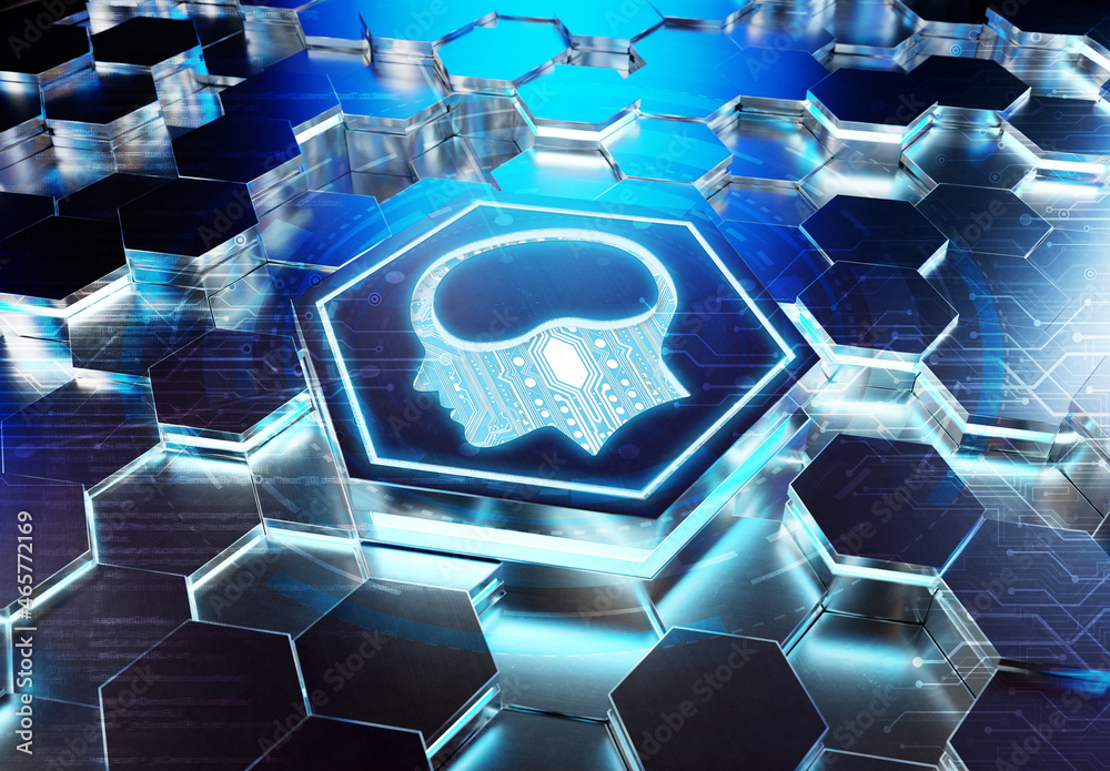 Aufkleber brain icon concept engraved on metal hexagonal pedestral background. artificial intelligence symbol 