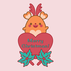 Cute Merry Christmas greeting, invitation, celebration, holiday card. Sweet background. Cheerful deer on heart decoration maple leaf, kawaii animal cartoon smile doodle vector illustration art design.