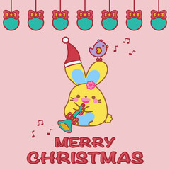 Obraz premium Merry Christmas greeting card. Sweet background. Christmas ball, bow, lovely bird, decoration. Happy cute bunny, red Santa Claus, blast horn, kawaii rabbit animal cartoon smile doodle vector design.