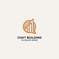 Obraz premium Builder chat symbol logo template illustration, house, real estate chat logo icon design, home talk forum logo with talking bubble and luxury building