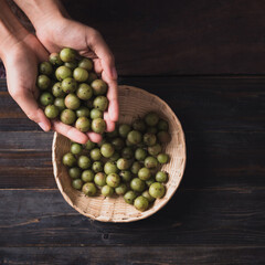 Wild Indian gooseberry or amla in a bamboo basket holding by hand on wooden background, Fruit tree in Asia use in various cuisine, herbal medicine and rich vitamin C