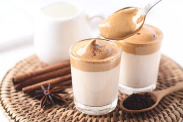 Dalgona coffee, Fluffy cream coffee whipping on cold or hot milk, Korean coffee style