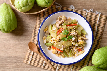 Northern Thai food, Stir fried chayote squash with egg and pork, Local Thai food, Table top view