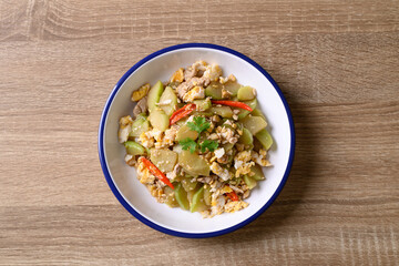 Northern Thai food, Stir fried chayote squash with egg and pork, Local Thai food, Table top view