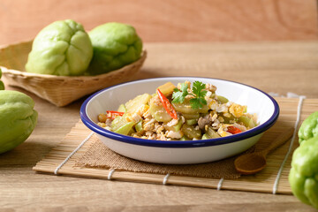 Northern Thai food, Stir fried chayote squash with egg and pork, Local Thai food