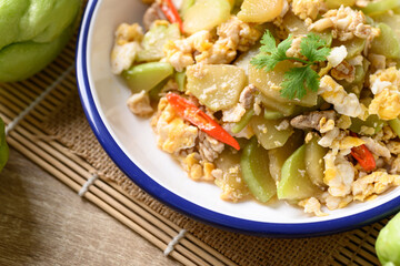 Northern Thai food, Stir fried chayote squash with egg and pork, Local Thai food